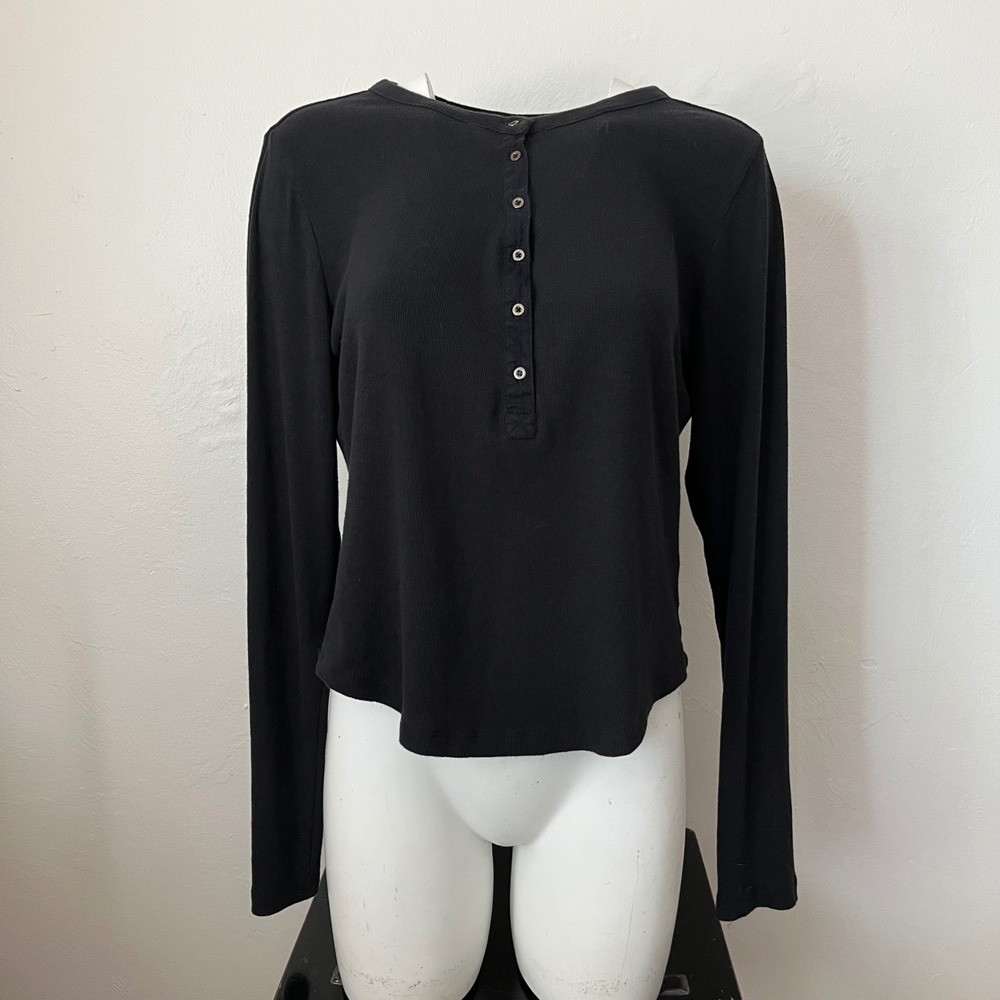 Pilcro Anthropologie Womens XL Black Ribbed Henley Long Sleeve Top OB1671473